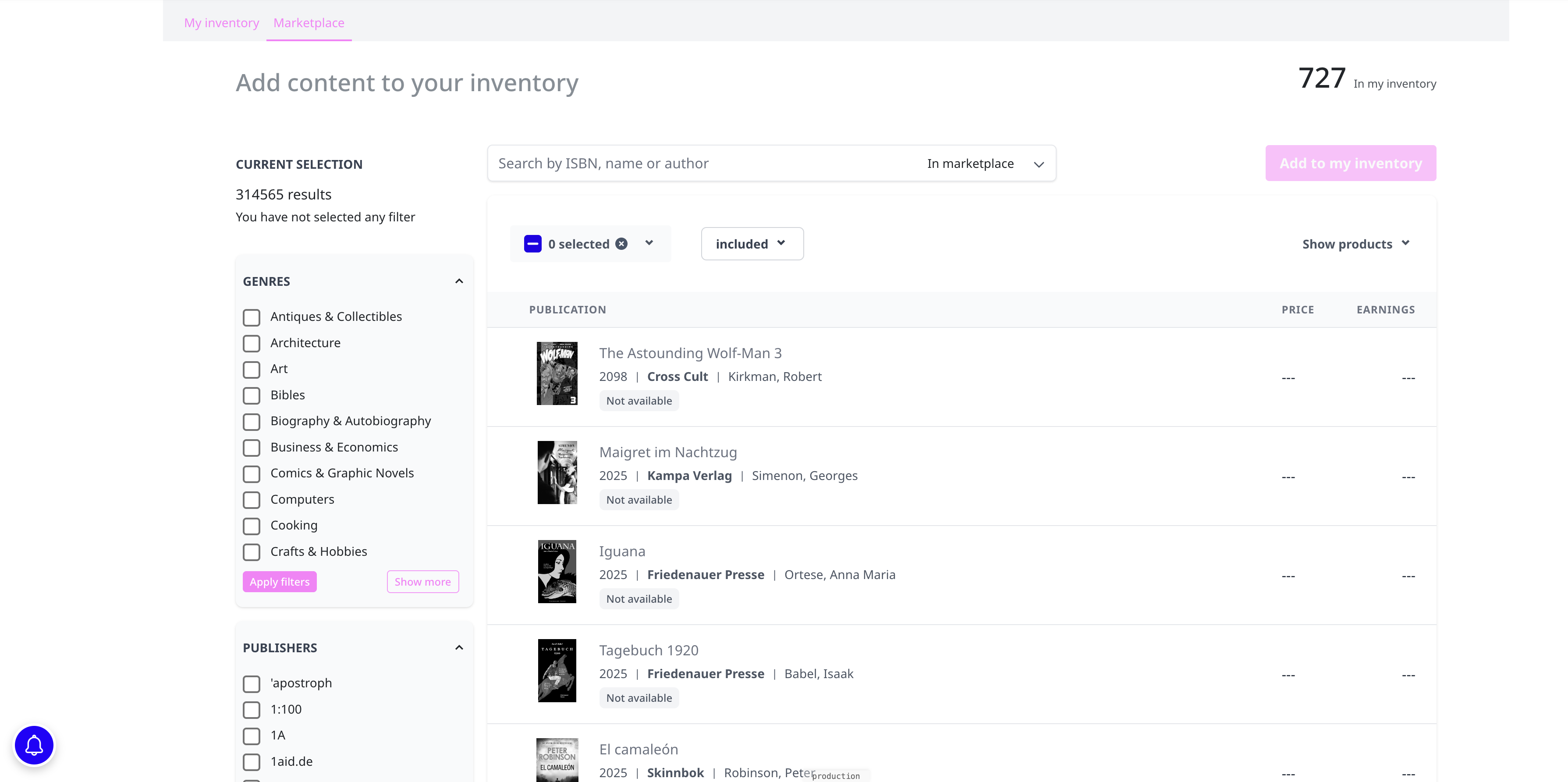 Publica.la marketplace interface showing content inventory management