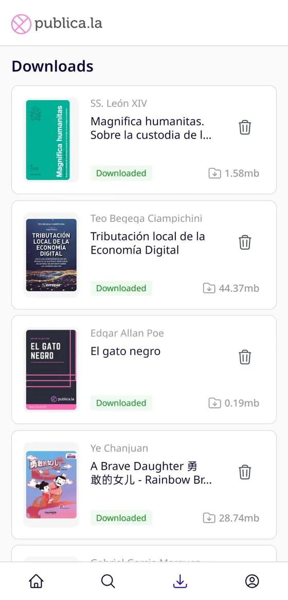 publica Reader downloads screen with books available offline