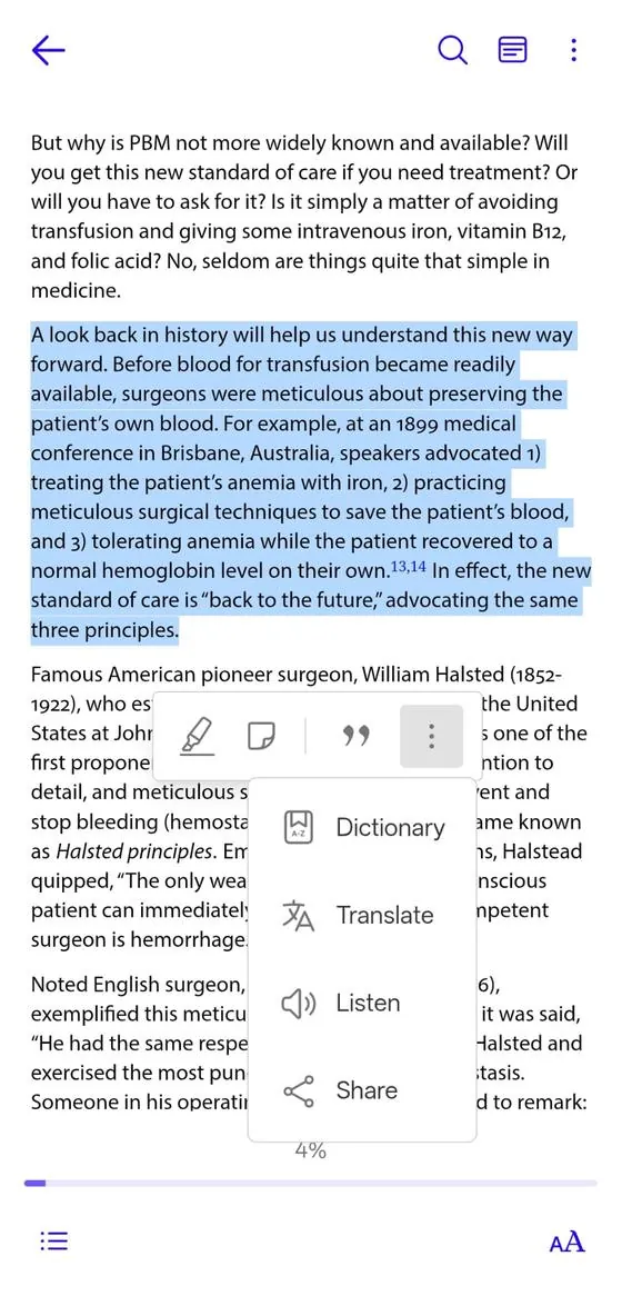 Text selection menu in publica Reader: Dictionary, Translate, Listen, Share