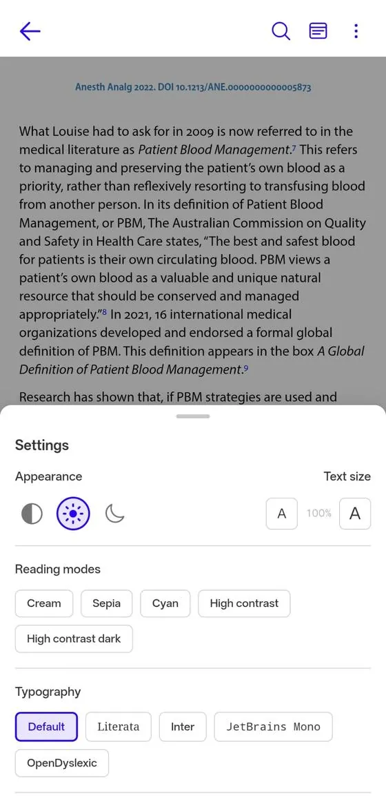 Reading settings in publica Reader: appearance, modes, text size and typefaces