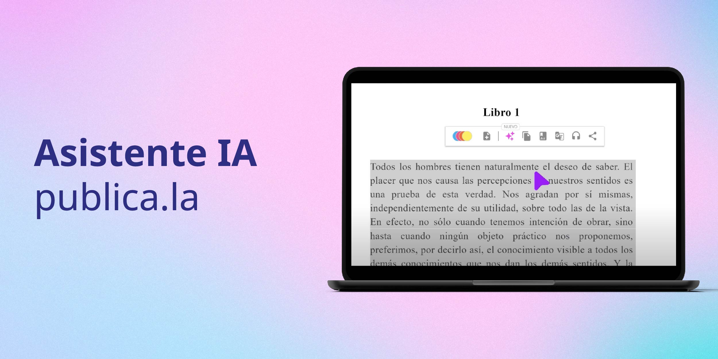 Fondo degradado con una computadora mostrando las funcionalidades del ebook