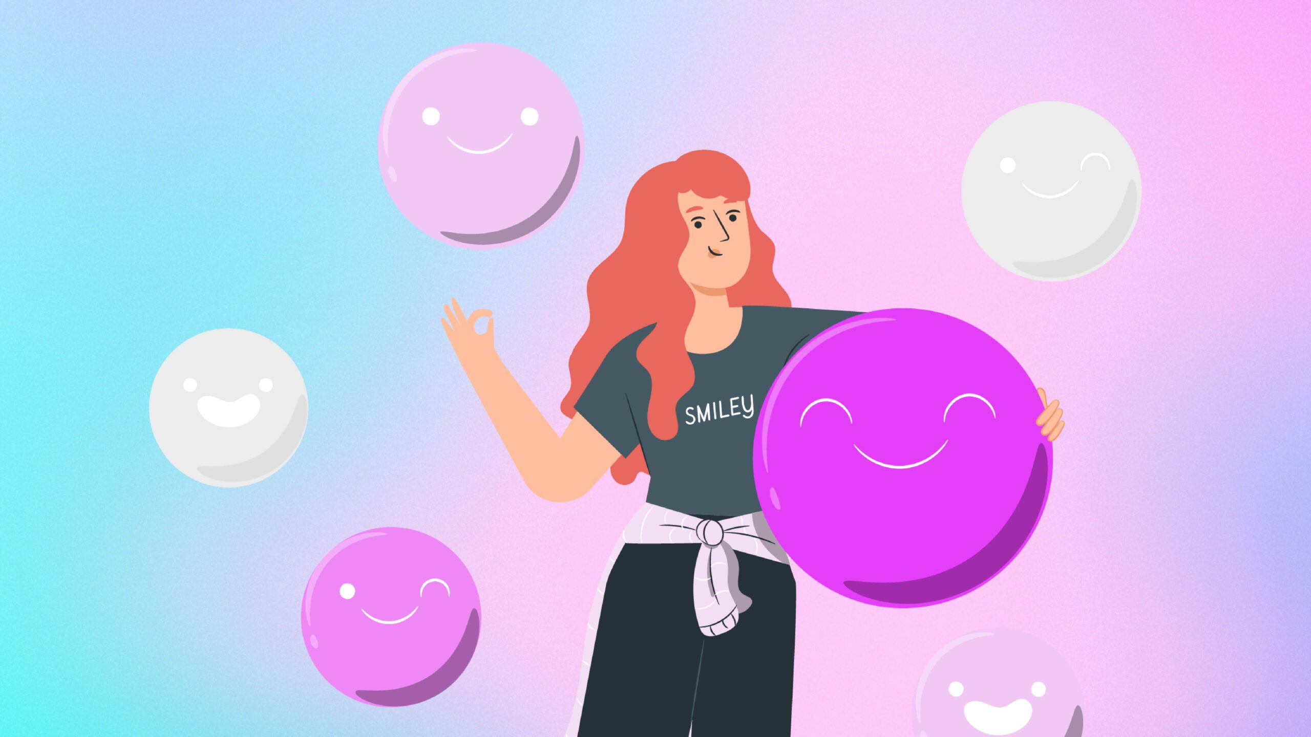 Ilustración de una chica con globos de caras felices